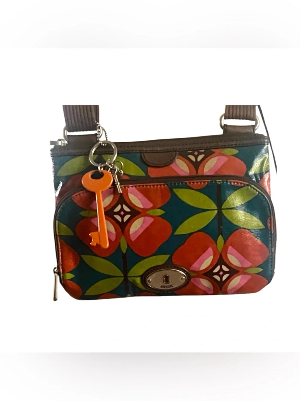 Fossil Key - Per Vibrant Floral Geometric pattern Crossbody Coated Canvas Purse